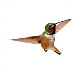 a Chestnut-breasted Coronet hummingbird in mid-flight, showcasing its vibrant colors with a clear isolated white background