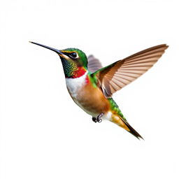 a Chestnut-breasted Coronet hummingbird in mid-flight, showcasing its vibrant colors with a clear isolated white background