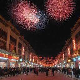 Una vibrante ciudad en plena celebración del Año Nuevo chino, con calles llenas de faroles rojos, fuegos artificiales llenando el cielo nocturno y la danza del dragón atravesando las calles en un espectáculo de color.