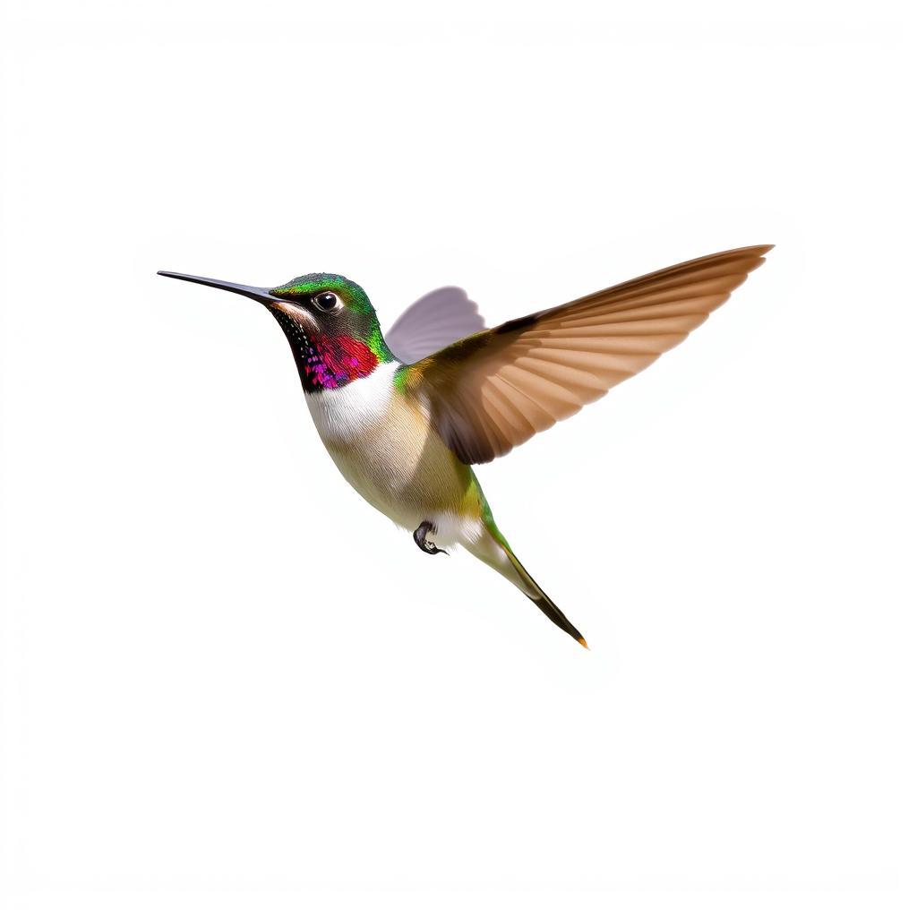 a Chestnut-breasted Coronet hummingbird in mid-flight, showcasing its vibrant colors with a clear isolated white background