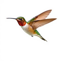 a Chestnut-breasted Coronet hummingbird in mid-flight, showcasing its vibrant colors with a clear isolated white background