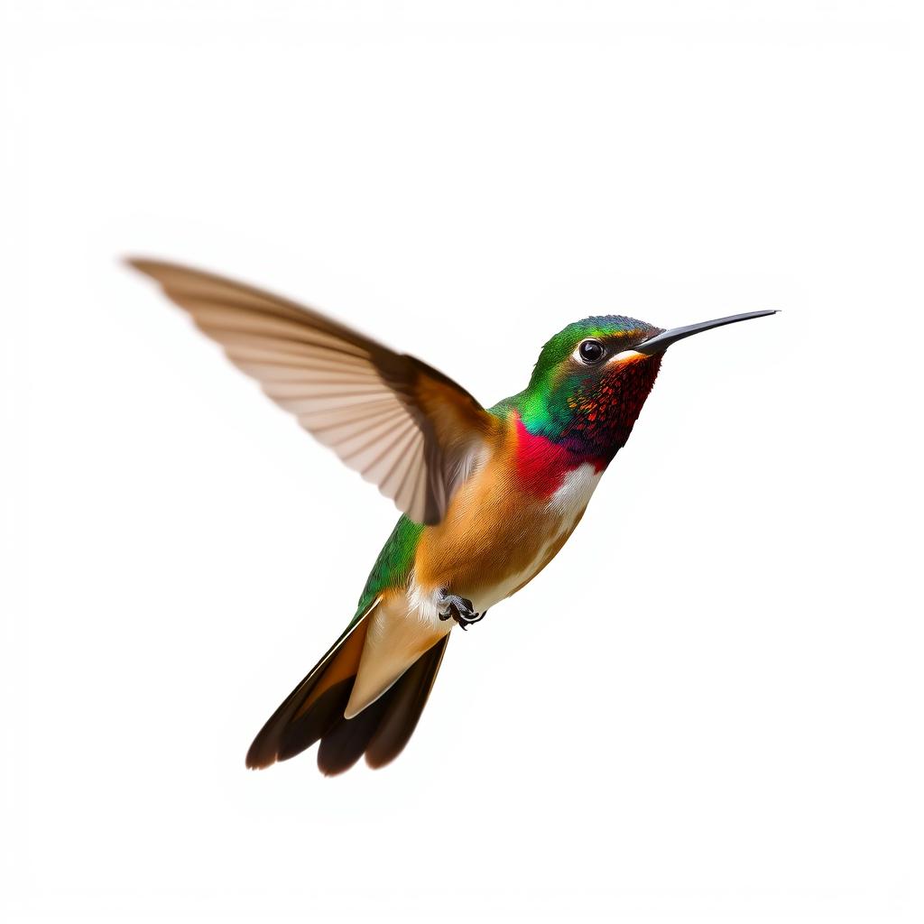 a Chestnut-breasted Coronet hummingbird in mid-flight, showcasing its vibrant colors with a clear isolated white background