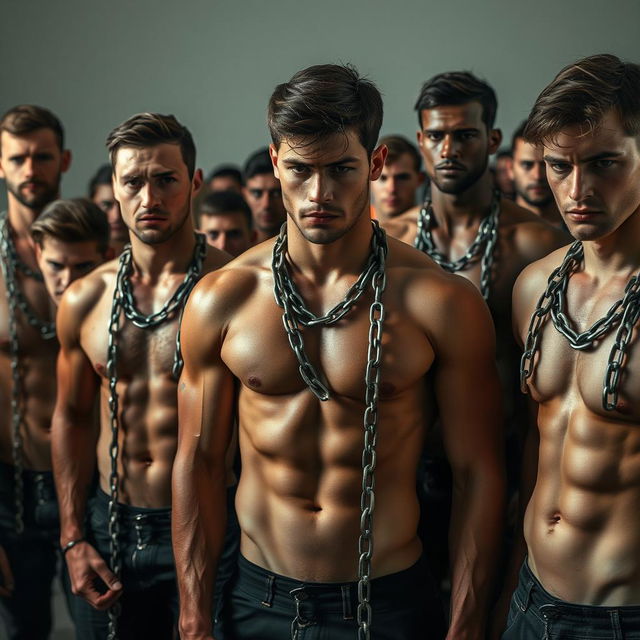 A large group of athletic individuals with shredded abs, each displaying somber expressions, adorned with chains that drape across their muscular bodies