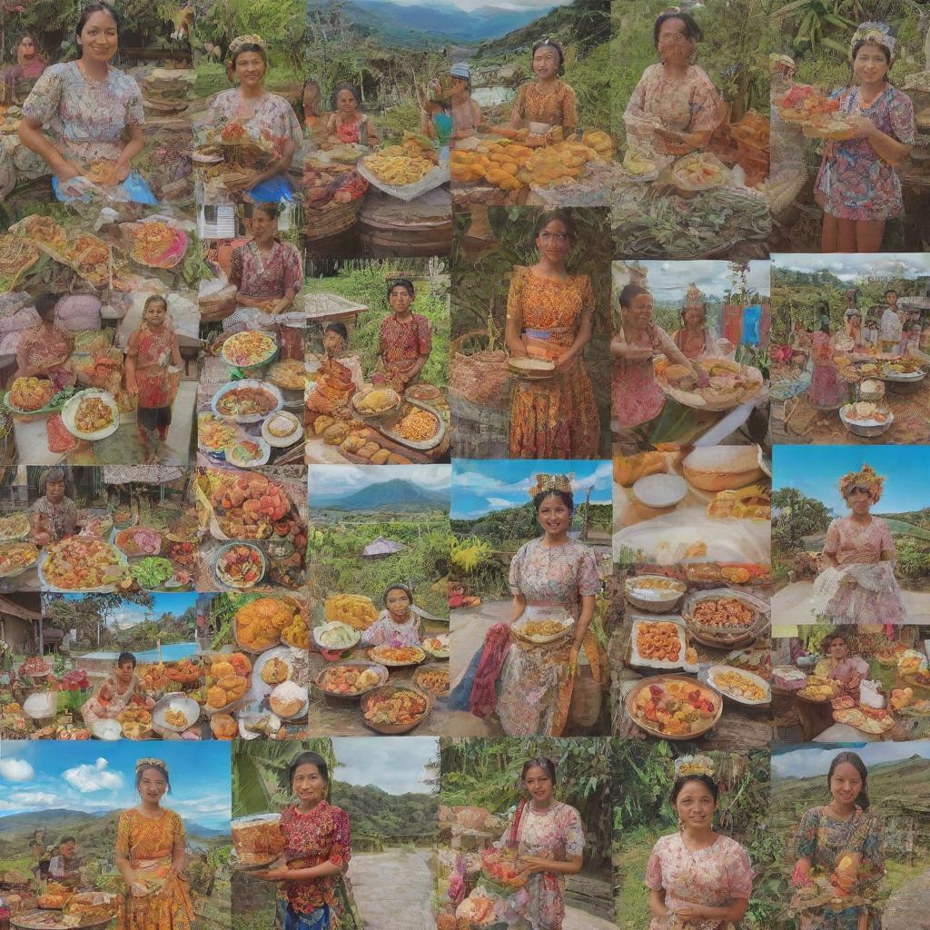 A collage showcasing Filipino Tita elements including traditional clothing, delicacies, household items and vibrant local scenery.