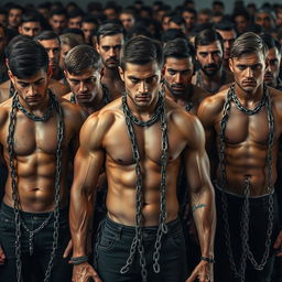 A large group of athletic individuals with shredded abs, each displaying somber expressions, adorned with chains that drape across their muscular bodies