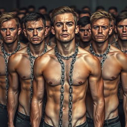 A large group of athletic individuals with shredded abs, each displaying somber expressions, adorned with chains that drape across their muscular bodies