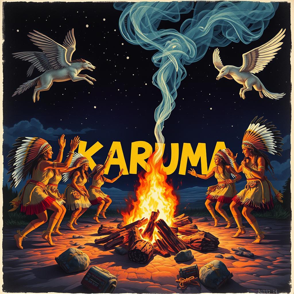 Native Americans dancing energetically around a crackling campfire, accompanied by ethereal spirit animals swirling above