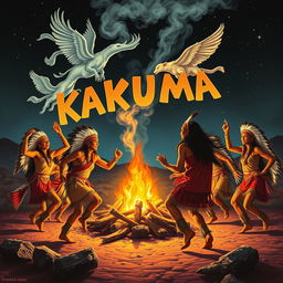 Native Americans dancing energetically around a crackling campfire, accompanied by ethereal spirit animals swirling above