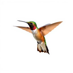 a Chestnut-breasted Coronet hummingbird in mid-flight, showcasing its vibrant colors with a clear isolated white background