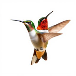 a Chestnut-breasted Coronet hummingbird in mid-flight, showcasing its vibrant colors with a clear isolated white background