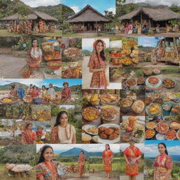 A collage showcasing Filipino Tita elements including traditional clothing, delicacies, household items and vibrant local scenery.