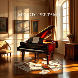 A realistic book cover design titled "MELODI PERTAMA"