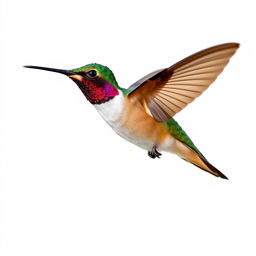 a Chestnut-breasted Coronet hummingbird in mid-flight, showcasing its vibrant colors with a clear isolated white background