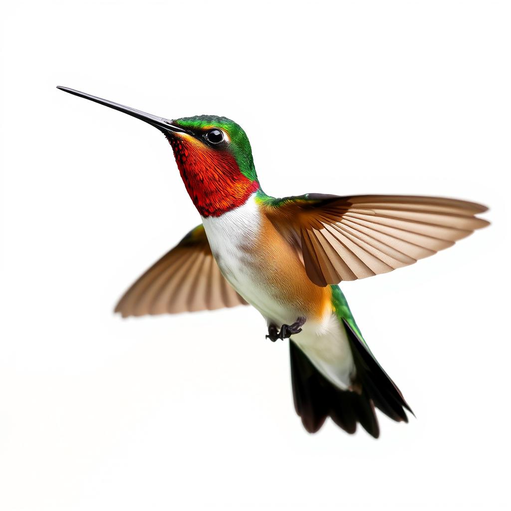 a Chestnut-breasted Coronet hummingbird in mid-flight, showcasing its vibrant colors with a clear isolated white background