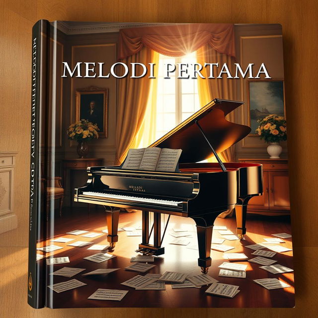 A realistic book cover design titled "MELODI PERTAMA"