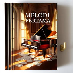 A realistic book cover design titled "MELODI PERTAMA"