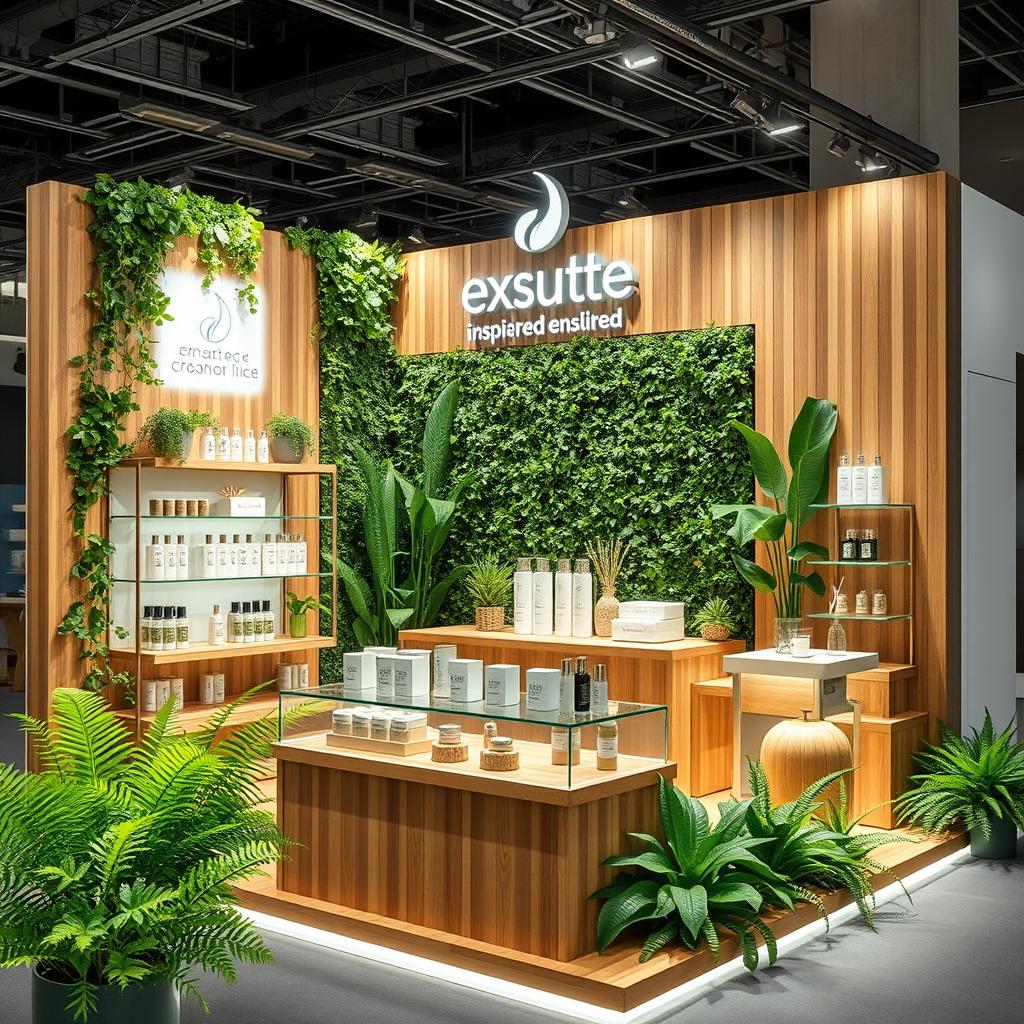 an exhibition stand for a cosmetics brand, measuring 70cm by 120cm with a height of 130cm, designed to evoke a natural and organic feel