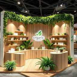 an exhibition stand for a cosmetics brand, measuring 70cm by 120cm with a height of 130cm, designed to evoke a natural and organic feel