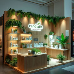 an exhibition stand for a cosmetics brand, measuring 70cm by 120cm with a height of 130cm, designed to evoke a natural and organic feel