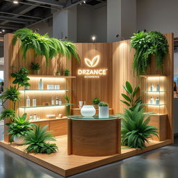 an exhibition stand for a cosmetics brand, measuring 70cm by 120cm with a height of 130cm, designed to evoke a natural and organic feel