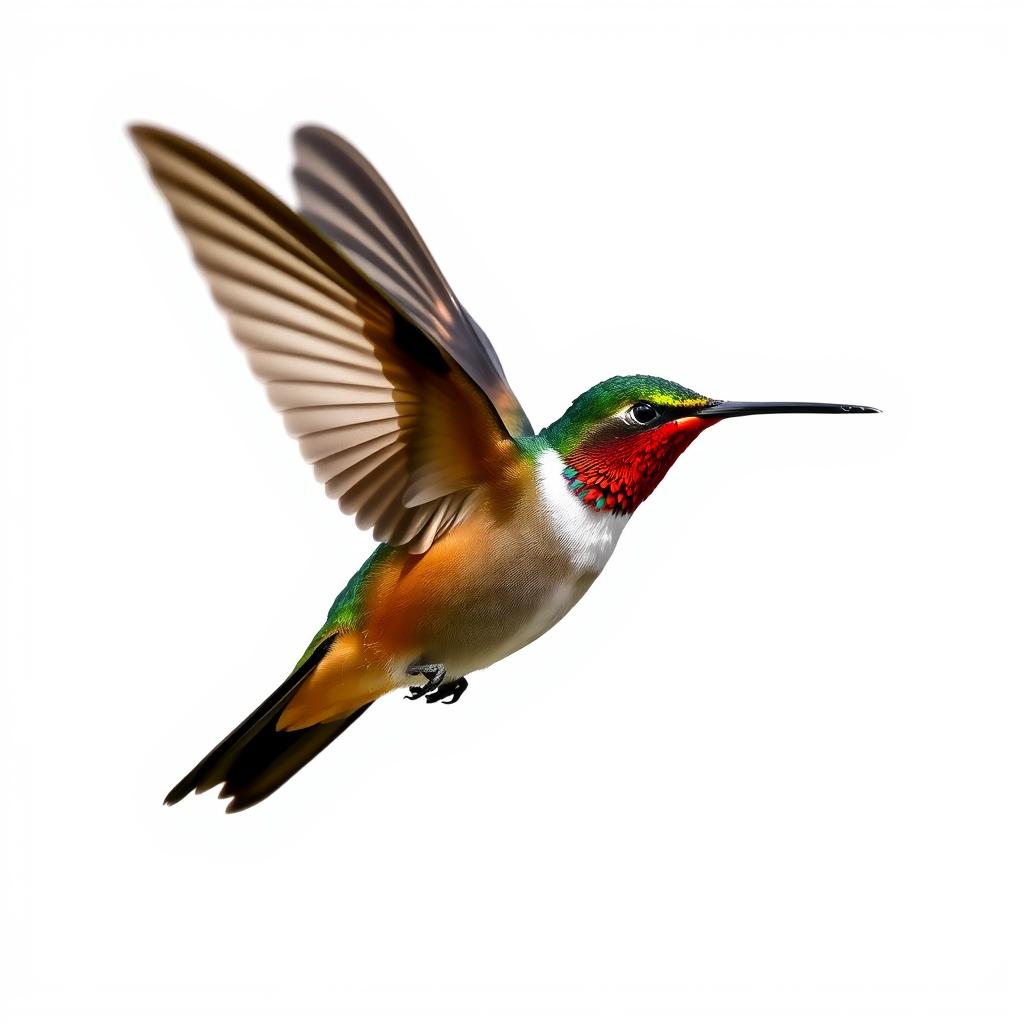 a Chestnut-breasted Coronet hummingbird in mid-flight, showcasing its vibrant colors with a clear isolated white background