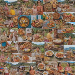 A collage showcasing Filipino Tita elements including traditional clothing, delicacies, household items and vibrant local scenery.