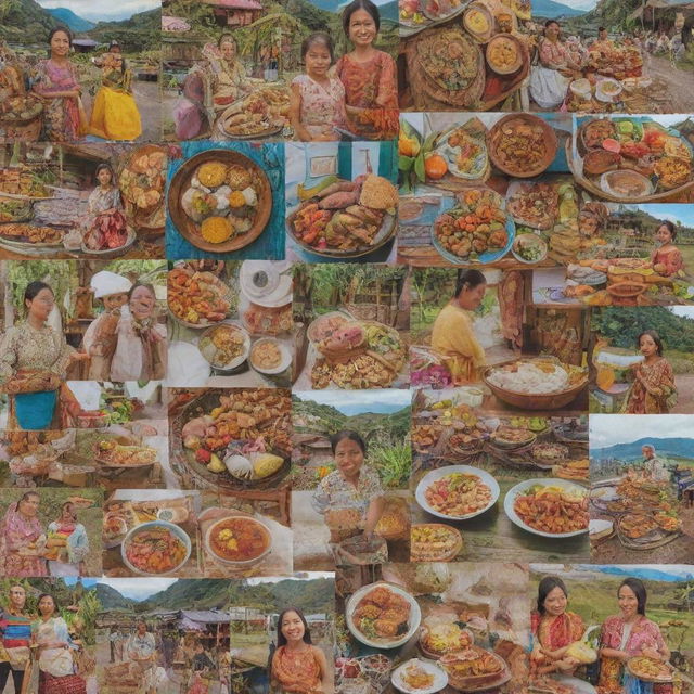 A collage showcasing Filipino Tita elements including traditional clothing, delicacies, household items and vibrant local scenery.