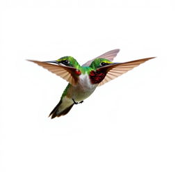 a Chestnut-breasted Coronet hummingbird in mid-flight, showcasing its vibrant colors with a clear isolated white background