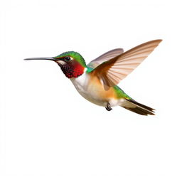 a Chestnut-breasted Coronet hummingbird in mid-flight, showcasing its vibrant colors with a clear isolated white background