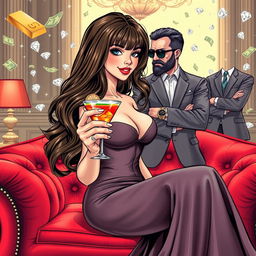 A graphic novel style full-body image of a beautiful, slender 25-year-old woman holding a cocktail