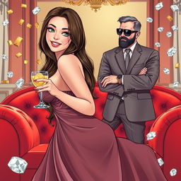 A graphic novel style full-body image of a beautiful, slender 25-year-old woman holding a cocktail