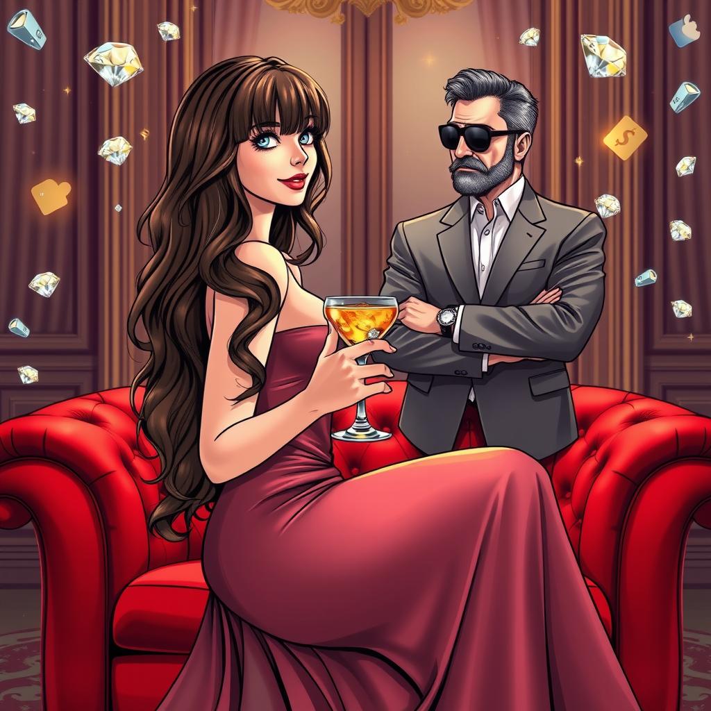 A graphic novel style full-body image of a beautiful, slender 25-year-old woman holding a cocktail