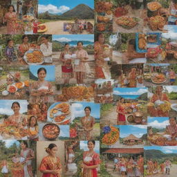 A collage showcasing Filipino Tita elements including traditional clothing, delicacies, household items and vibrant local scenery.