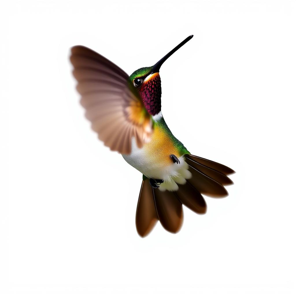 a Chestnut-breasted Coronet hummingbird in mid-flight, showcasing its vibrant colors with a clear isolated white background