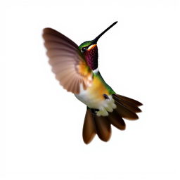 a Chestnut-breasted Coronet hummingbird in mid-flight, showcasing its vibrant colors with a clear isolated white background