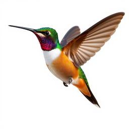 a Chestnut-breasted Coronet hummingbird in mid-flight, showcasing its vibrant colors with a clear isolated white background