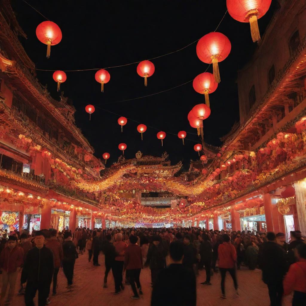 A vibrant place in the midst of a Chinese New Year celebration, resplendent with red lanterns, fireworks lighting up the night sky, and a dragon dance weaving through the crowd in a symphony of color and jubilation.