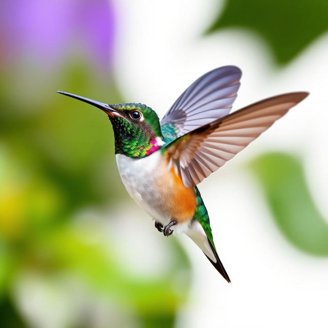 a Chestnut-breasted Coronet hummingbird in mid-flight, showcasing its vibrant colors with a clear isolated white background