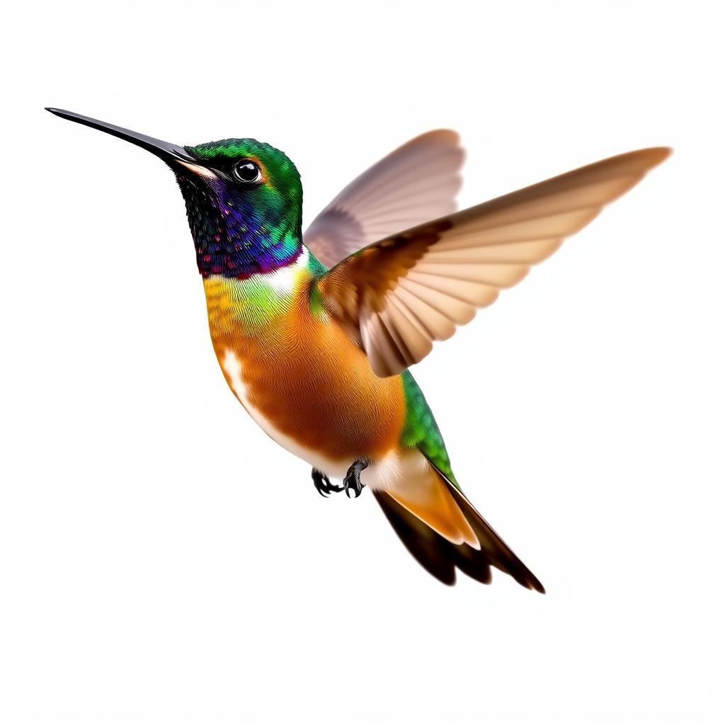 a Chestnut-breasted Coronet hummingbird in mid-flight, showcasing its vibrant colors with a clear isolated white background