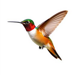 a Chestnut-breasted Coronet hummingbird in mid-flight, showcasing its vibrant colors with a clear isolated white background