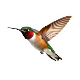 a Chestnut-breasted Coronet hummingbird in mid-flight, showcasing its vibrant colors with a clear isolated white background