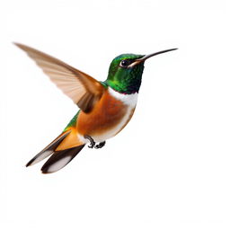 a Chestnut-breasted Coronet hummingbird in mid-flight, showcasing its vibrant colors with a clear isolated white background