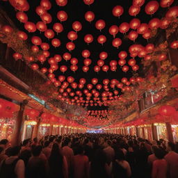 A vibrant place in the midst of a Chinese New Year celebration, resplendent with red lanterns, fireworks lighting up the night sky, and a dragon dance weaving through the crowd in a symphony of color and jubilation.