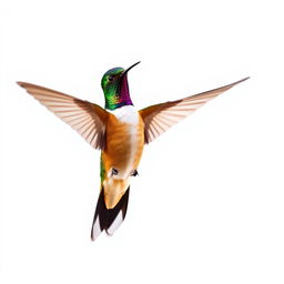 a Chestnut-breasted Coronet hummingbird in mid-flight, showcasing its vibrant colors with a clear isolated white background