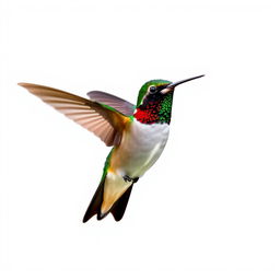 a Chestnut-breasted Coronet hummingbird in mid-flight, showcasing its vibrant colors with a clear isolated white background