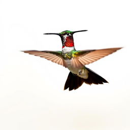 a Chestnut-breasted Coronet hummingbird in mid-flight, showcasing its vibrant colors with a clear isolated white background