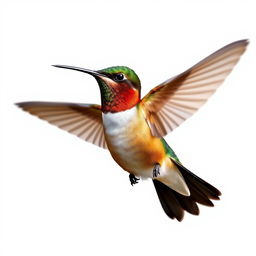 a Chestnut-breasted Coronet hummingbird in mid-flight, showcasing its vibrant colors with a clear isolated white background