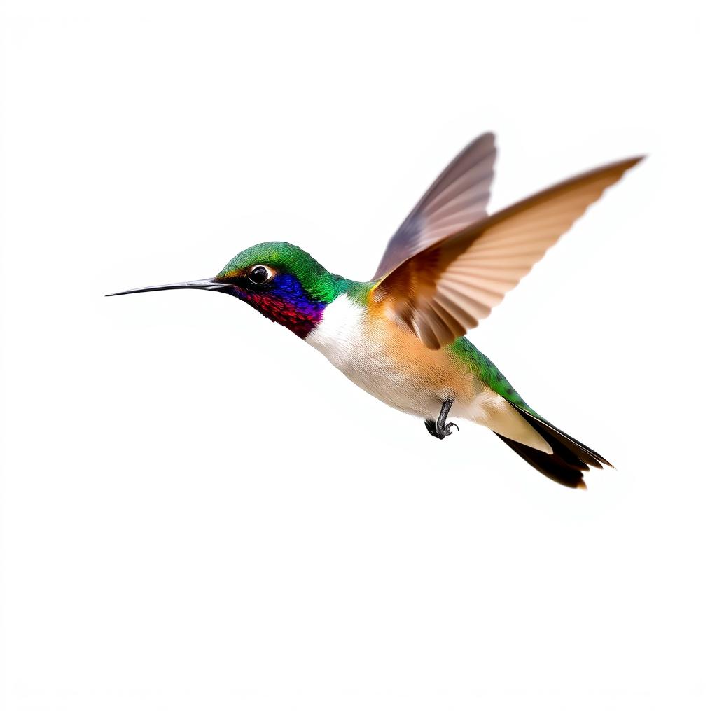 a Chestnut-breasted Coronet hummingbird in mid-flight, showcasing its vibrant colors with a clear isolated white background