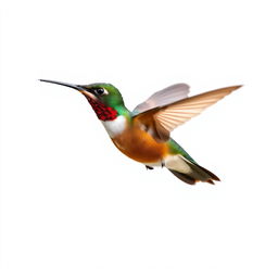 a Chestnut-breasted Coronet hummingbird in mid-flight, showcasing its vibrant colors with a clear isolated white background