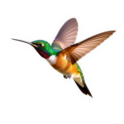 a Chestnut-breasted Coronet hummingbird in mid-flight, showcasing its vibrant colors with a clear isolated white background